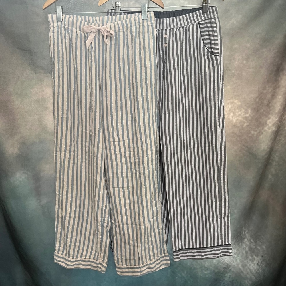 Victorias Secret Striped Pajama Pants Bundle Blue Grey Metallic Lurex Medium 2PK